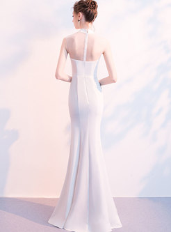 Elegant Stand Collar Embroidered Slit Mermaid Prom Dress