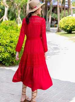 Fashion Red V-neck Long Sleeve Asymmetric Dress