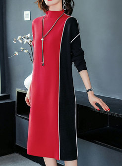 Fashion Standing Collar Color-blocked Knitted Dress