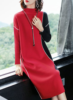 Fashion Standing Collar Color-blocked Knitted Dress