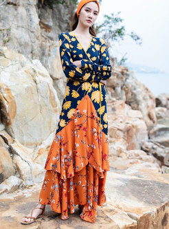 Stylish High Color Print Beach Holiday Maxi Dress