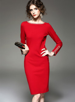 Stylish Red Crew-neck Long Sleeve Sheath Dress