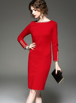 Stylish Red Crew-neck Long Sleeve Sheath Dress