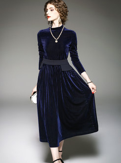 Fashion Blue Long Sleeve Top & High Waist Big Hem Skirt