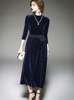 Fashion Blue Long Sleeve Top & High Waist Big Hem Skirt