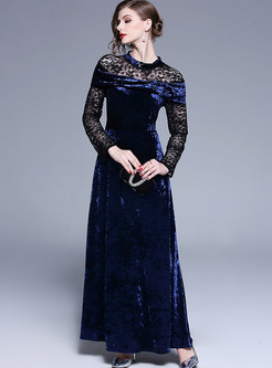 Standing Collar Long Sleeve Lace Splicing Maxi Dress