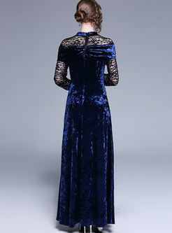 Standing Collar Long Sleeve Lace Splicing Maxi Dress