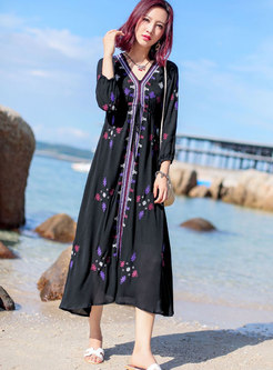 Holiday Solid Color V-neck Embroidery Bohemia Dress