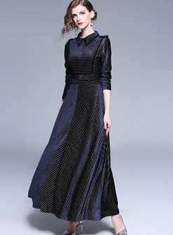 Elegant Lapel Long Sleeve Striped Big Hem Maxi Dress