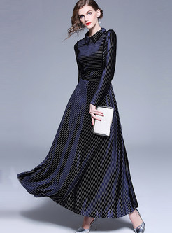 Elegant Lapel Long Sleeve Striped Big Hem Maxi Dress