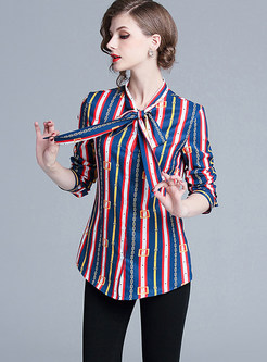 Fashion Color-blocked Striped Print Bowknot Blouse