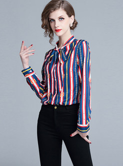 Fashion Color-blocked Striped Print Bowknot Blouse