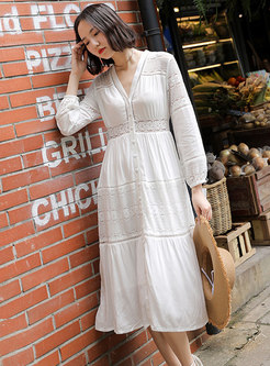 Fashion White V-neck Long Sleeve Asymmetric Dress