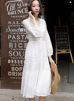 Fashion White V-neck Long Sleeve Asymmetric Dress