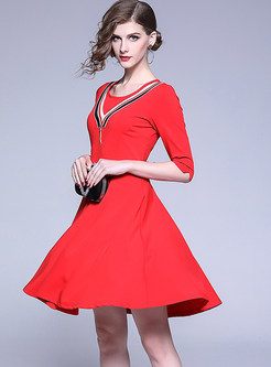 Elegant Color-blocked O-neck Half Sleeve A Line Dress