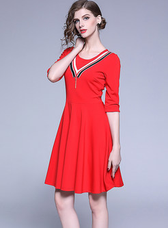 Elegant Color-blocked O-neck Half Sleeve A Line Dress