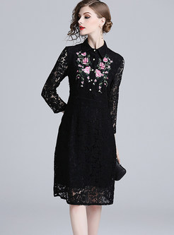 Lapel Single-breasted Embroidered Lace Sheath Dress