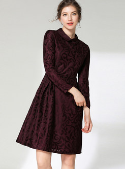 Solid Color Long Sleeve Waist Lace Skater Dress