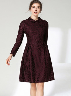 Solid Color Long Sleeve Waist Lace Skater Dress