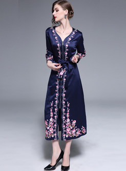 V-neck Long Sleeve Embroidered Zippered Maxi Dress
