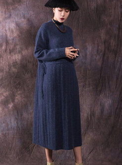 Elegant Half High Neck Long Sleeve Sweater Dress With Drawstring