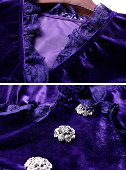 Purple V-neck Lace Stitching High Waist Mermaid Dress