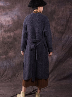 Winter Long Sleeve Sweater Coat With Belt