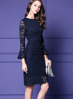 Fashion Flare Sleeve Lace-paneled Formal Midi Dress