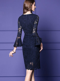 Fashion Flare Sleeve Lace-paneled Formal Midi Dress