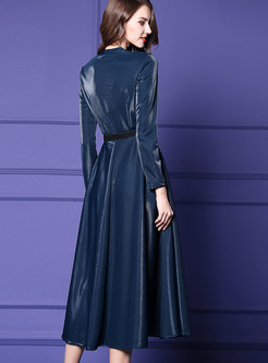 Vintage Lake Blue V-neck Long Sleeve Big Hem Dress