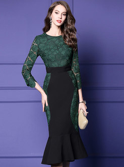 Formal Green Crew-neck Lace Stitching Bodycon Dress
