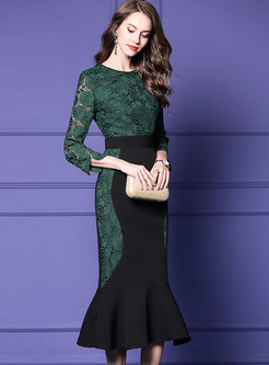Formal Green Crew-neck Lace Stitching Bodycon Dress