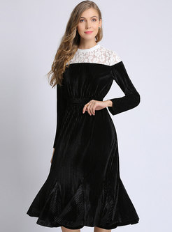 Color-blocked Lace Splicing Oversize Gathered Waist Velvet Dress