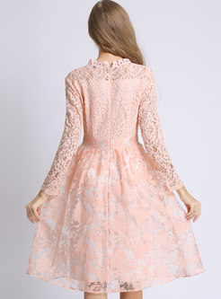 Plus Size Pink Lace Gathered Waist Skater Dress