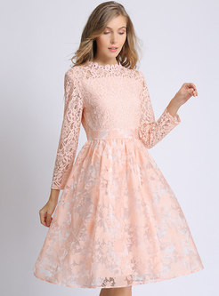 Plus Size Pink Lace Gathered Waist Skater Dress