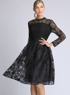 Sexy Black Gathered Waist Perspective Slim Lace Dress