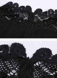 Sexy Black Gathered Waist Perspective Slim Lace Dress