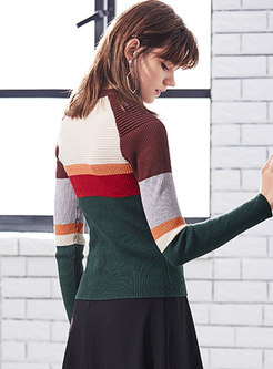 Vintage Color-blocked O-neck Slim Knitted Sweater