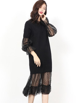 Mesh Splicing Flare Sleeve See-though Knitted Dress