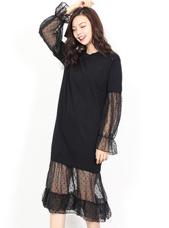 Mesh Splicing Flare Sleeve See-though Knitted Dress