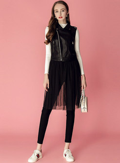 Mesh Splicing PU Vest With White Sweater & Black Pencil Pants