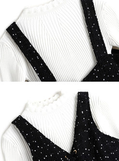 White Stand Collar Slim Sweater & Polka Dot Suspender Dress
