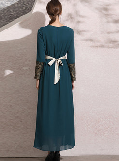 Lace Patchwork Chiffon Color-blocked Maxi Dress