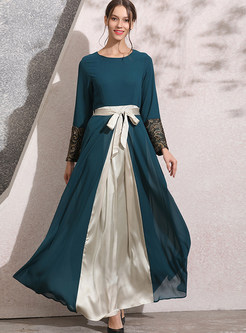 Lace Patchwork Chiffon Color-blocked Maxi Dress