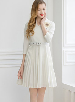 V-neck Three Quarters Sleeve Belted Pleated Dress