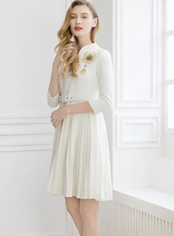 V-neck Three Quarters Sleeve Belted Pleated Dress