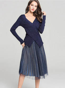V-neck Long Sleeve Asymmetric Sweater & Pleated Skirt