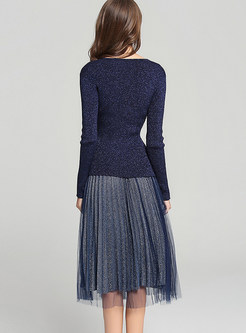 V-neck Long Sleeve Asymmetric Sweater & Pleated Skirt