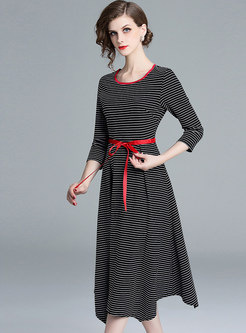 Three Quarters Sleeve Striped Tie-waist Irregular Dress