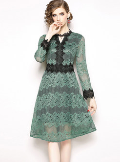 V-neck Long Sleeve Hollow Out Lace Skater Dress